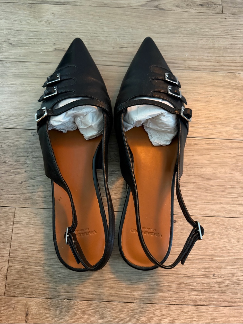 Vagabond Black Pointed Slingback Flats with Triple Buckles